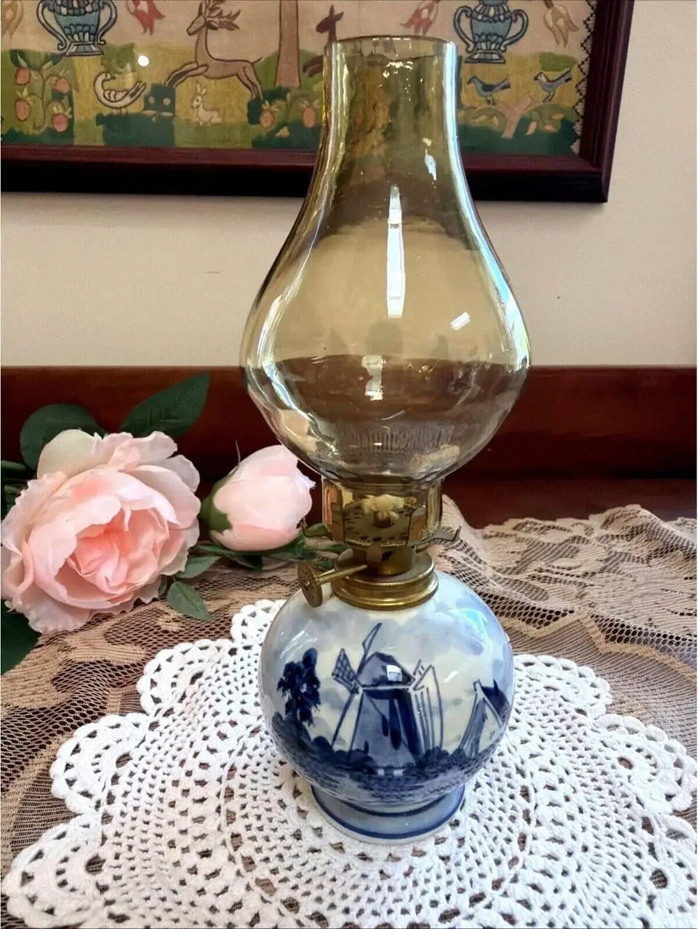 Vintage Mini Oil Lamp Delft Blue Windmill Amber Glass Chimney Holland 9” Dutch